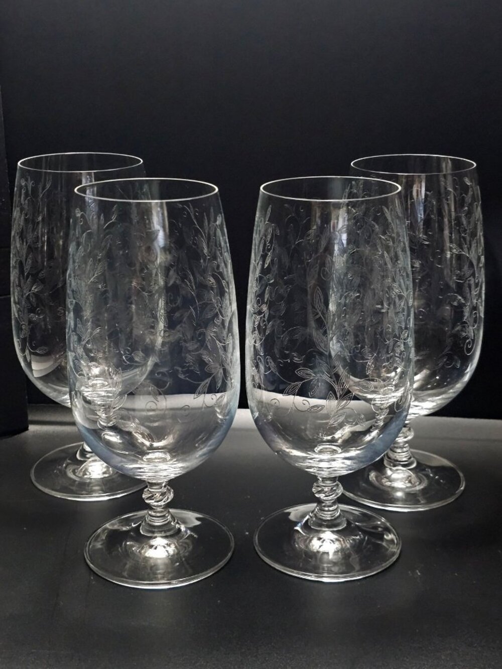 4 Pier1 Eliza Iced Tea Goblets Glasses 7.5" crystal chintz etched leaves vintage